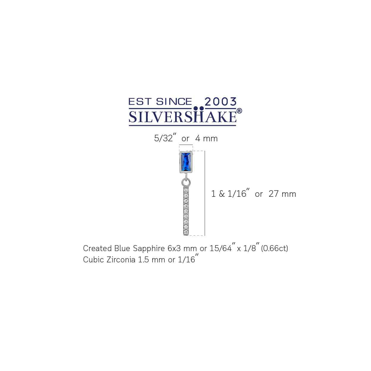 6X3mm Created Baguette Shape Blue Sapphire White Gold Plated 925 Sterling Silver Geometric and Dangle Vertical Bar Drop Stud Post Earrings September Gemstone Birthstone