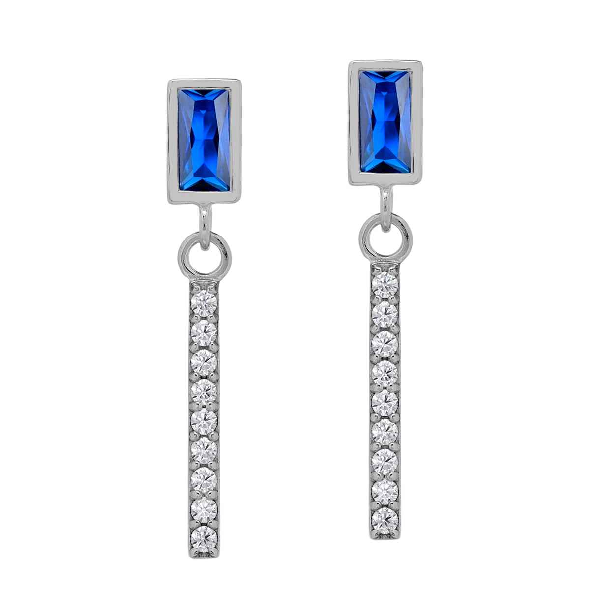6X3mm Created Baguette Shape Blue Sapphire White Gold Plated 925 Sterling Silver Geometric and Dangle Vertical Bar Drop Stud Post Earrings September Gemstone Birthstone