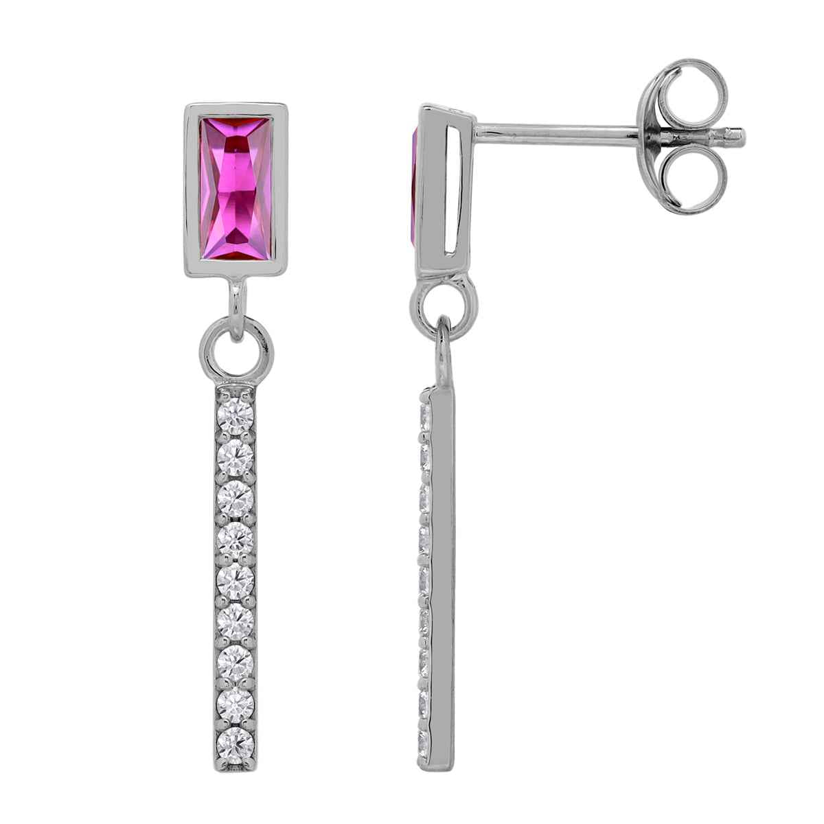 6X3mm Simulated Baguette Shape Red Ruby White Gold Plated 925 Sterling Silver Geometric and Dangle Vertical Bar Drop Stud Post Earrings July Gemstone Birthstone