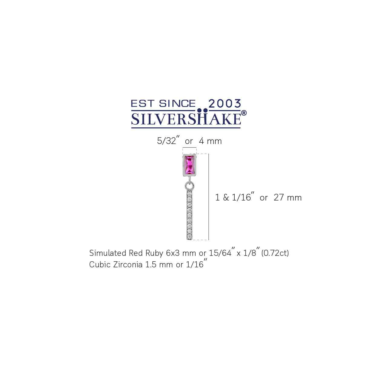 6X3mm Simulated Baguette Shape Red Ruby White Gold Plated 925 Sterling Silver Geometric and Dangle Vertical Bar Drop Stud Post Earrings July Gemstone Birthstone
