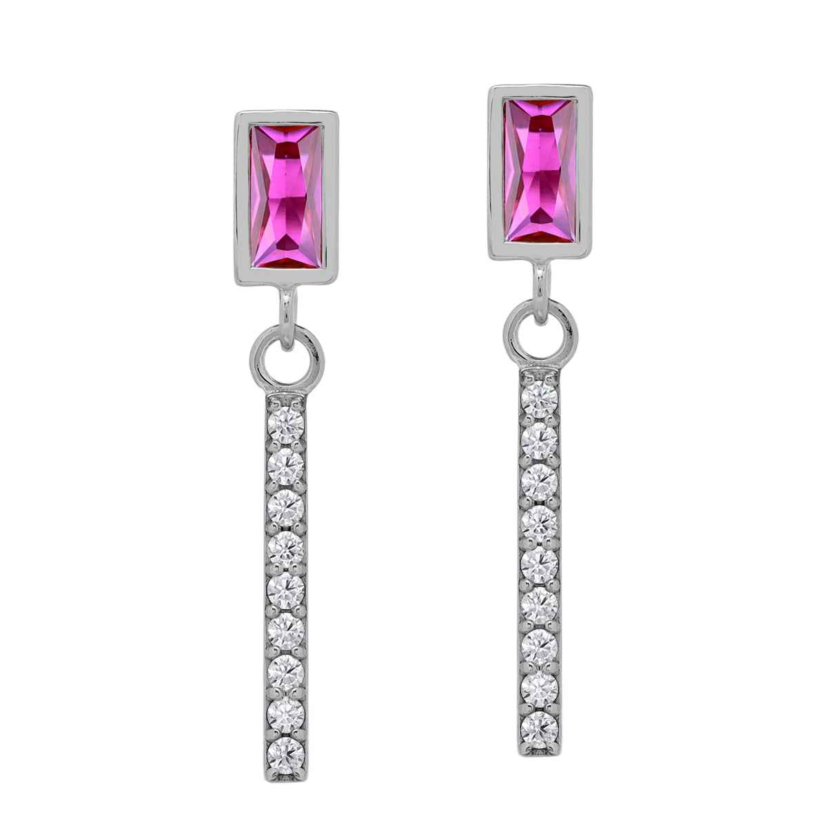6X3mm Simulated Baguette Shape Red Ruby White Gold Plated 925 Sterling Silver Geometric and Dangle Vertical Bar Drop Stud Post Earrings July Gemstone Birthstone