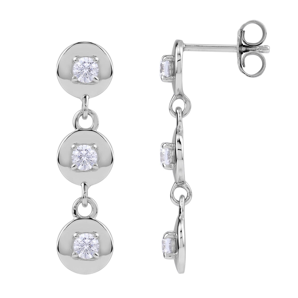3-Stone Round Shape White CZ 925 Sterling Silver Graduated Circle Disc Dangle Stud Post Earrings silvershake