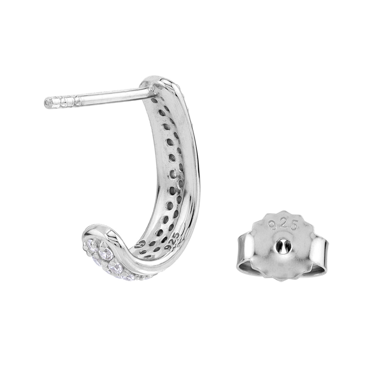 White Cubic Zirconia 925 Sterling Silver Minimalist Journey Trendy 0.6" J Hoop Stud Post Earrings silvershake
