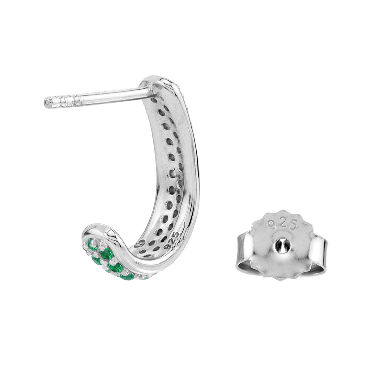 Created Nano Green Emerald 925 Sterling Silver Minimalist Journey 0.6 Inch J Hoop Stud Post Earrings silvershake