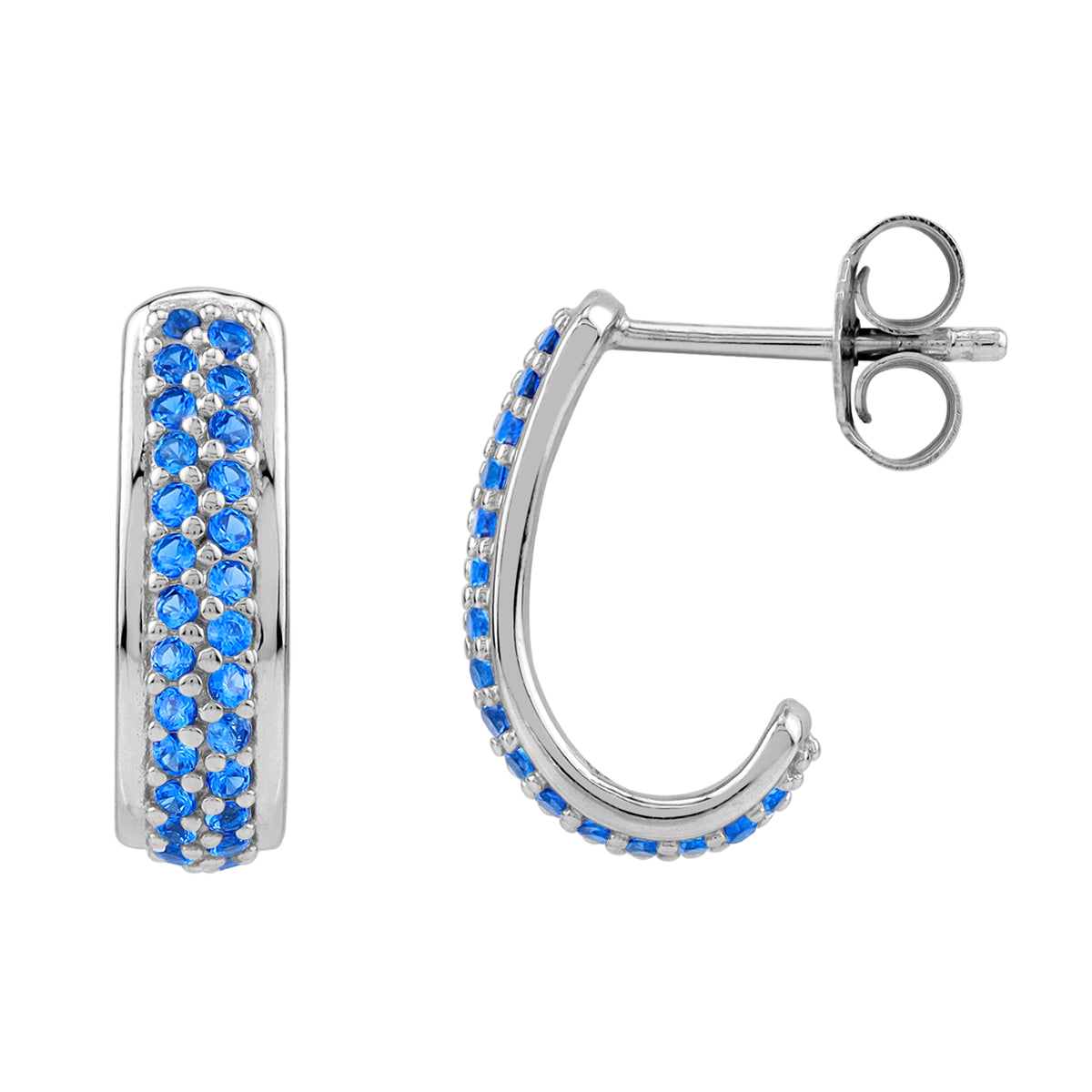 Created Blue Sapphire 925 Sterling Silver Minimalist Journey Trendy 0.6" J Hoop Stud Post Earrings silvershake