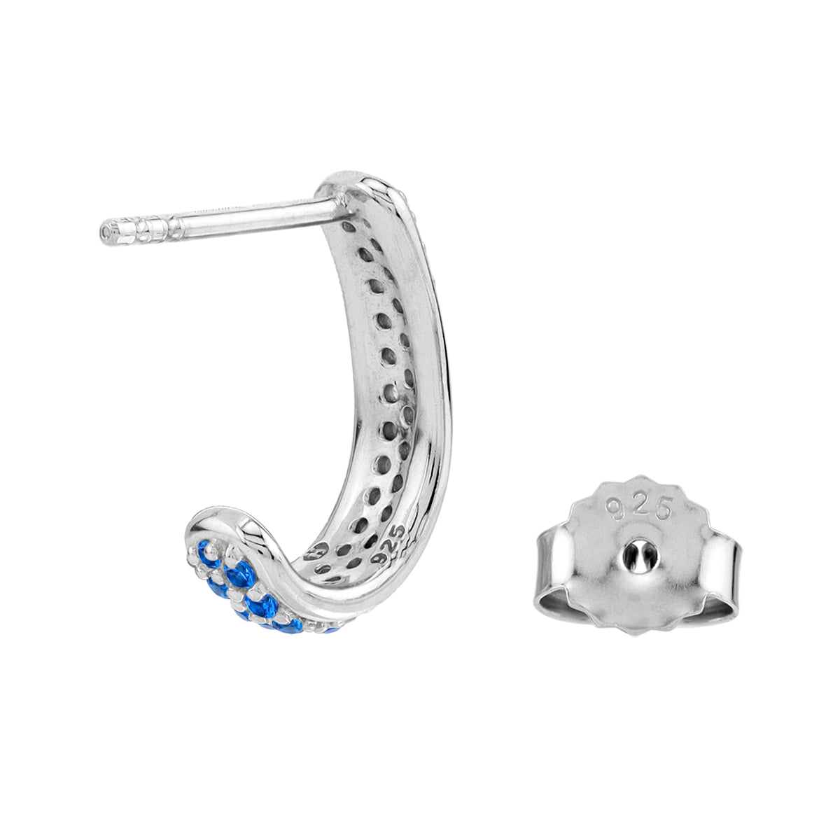 Created Blue Sapphire 925 Sterling Silver Minimalist Journey Trendy 0.6" J Hoop Stud Post Earrings silvershake