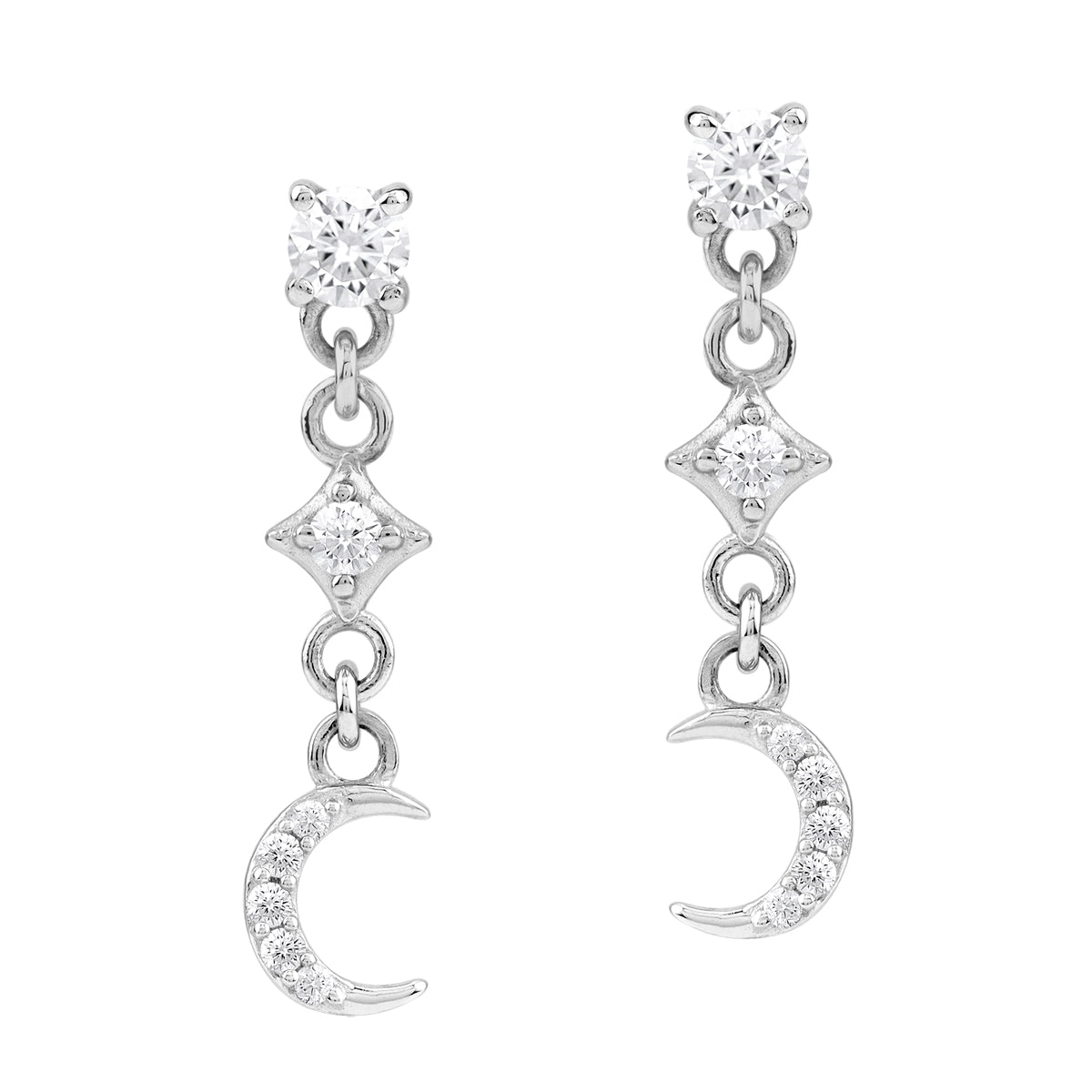 Cubic Zirconia White Gold Plated 925 Sterling Silver Minimalist Chic Crescent Moon and Star Dangle Stud Post Earrings