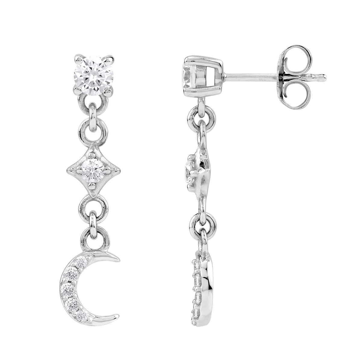 Cubic Zirconia White Gold Plated 925 Sterling Silver Minimalist Chic Crescent Moon and Star Dangle Stud Post Earrings