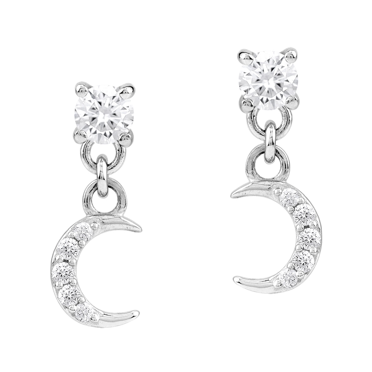 Cubic Zirconia White Gold Plated 925 Sterling Silver Minimalist Chic Crescent Moon Dangle Stud Post Earrings