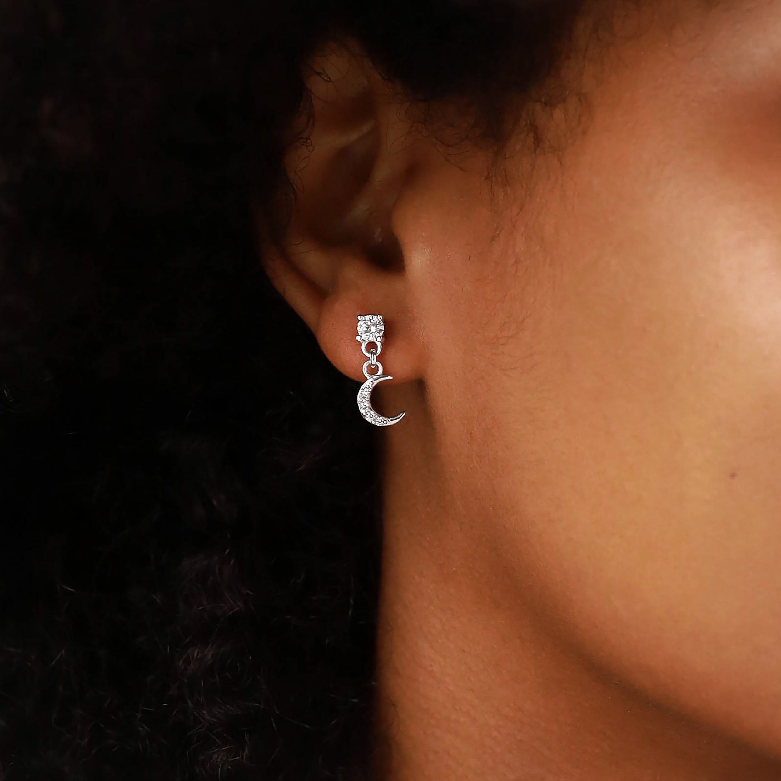 Cubic Zirconia White Gold Plated 925 Sterling Silver Minimalist Chic Crescent Moon Dangle Stud Post Earrings