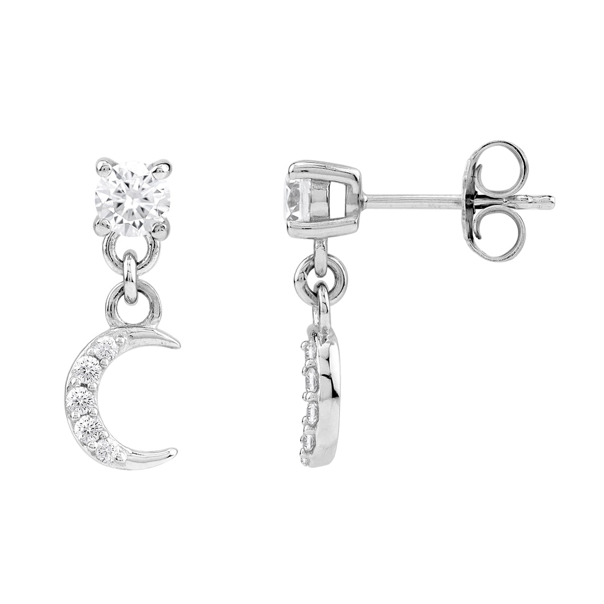 Cubic Zirconia White Gold Plated 925 Sterling Silver Minimalist Chic Crescent Moon Dangle Stud Post Earrings