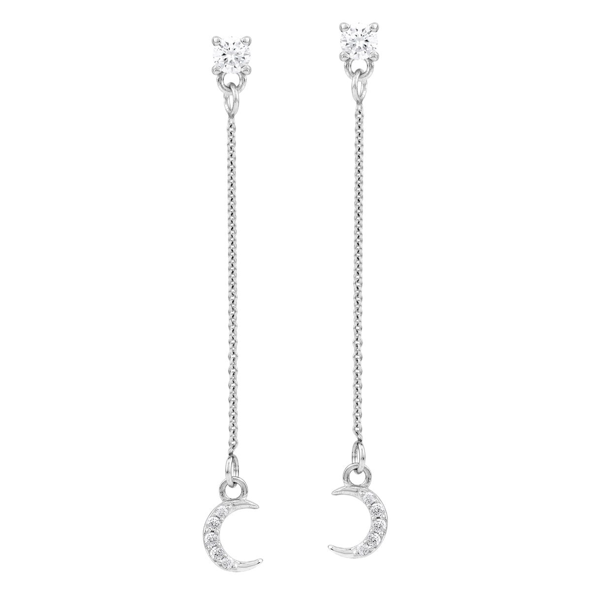 Cubic Zirconia White Gold Plated 925 Sterling Silver Minimalist Chic Crescent Moon Dangle Chain Stud Post Earrings