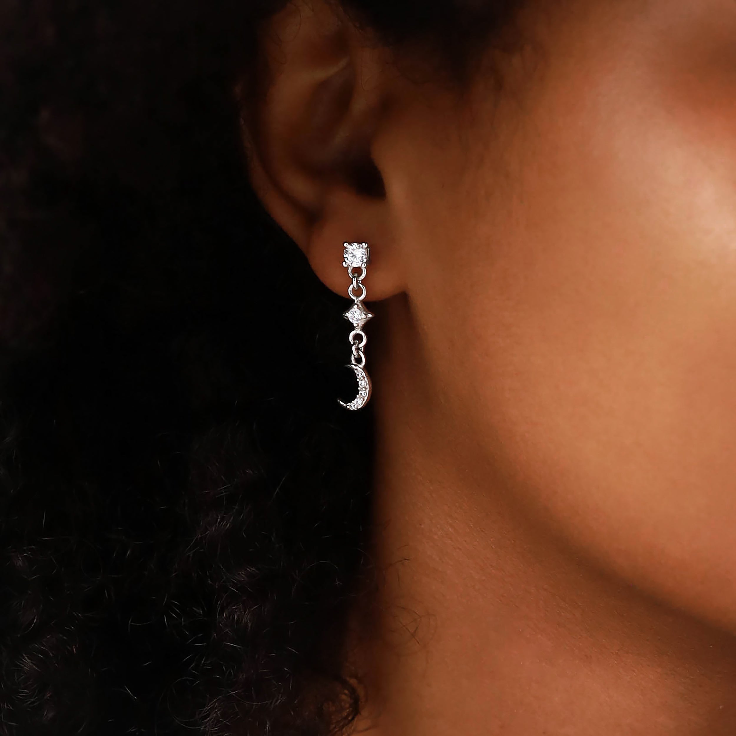 Cubic Zirconia White Gold Plated 925 Sterling Silver Minimalist Chic Crescent Moon Dangle Chain Stud Post Earrings