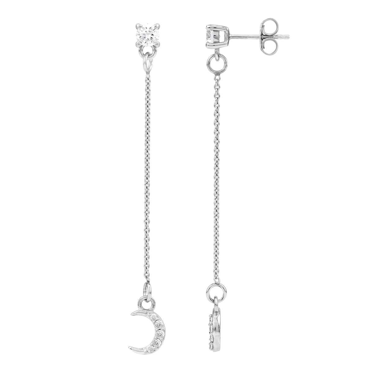 Cubic Zirconia White Gold Plated 925 Sterling Silver Minimalist Chic Crescent Moon Dangle Chain Stud Post Earrings