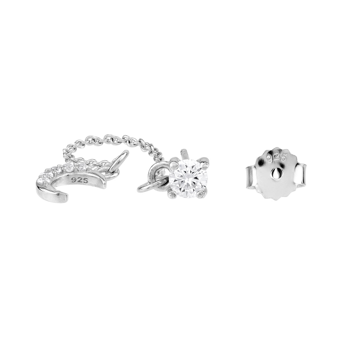 Cubic Zirconia White Gold Plated 925 Sterling Silver Minimalist Chic Crescent Moon Dangle Chain Stud Post Earrings