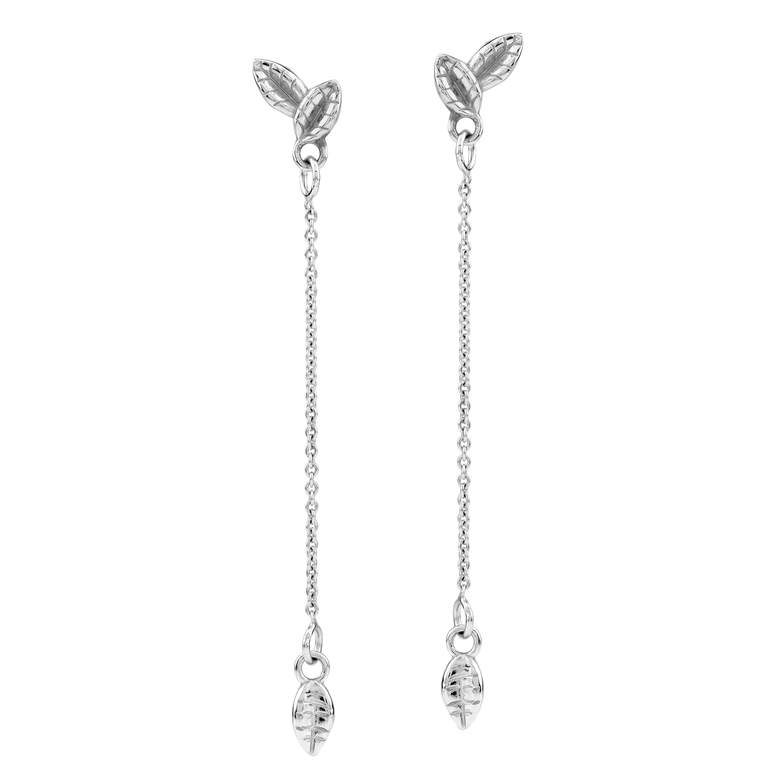 White Gold Plated 925 Sterling Silver Minimalist Chic Leaf Dangle Chain Stud Post Earrings