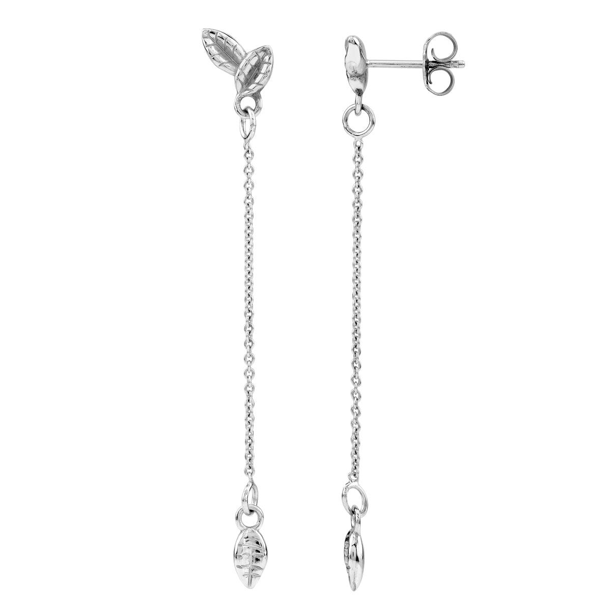 White Gold Plated 925 Sterling Silver Minimalist Chic Leaf Dangle Chain Stud Post Earrings