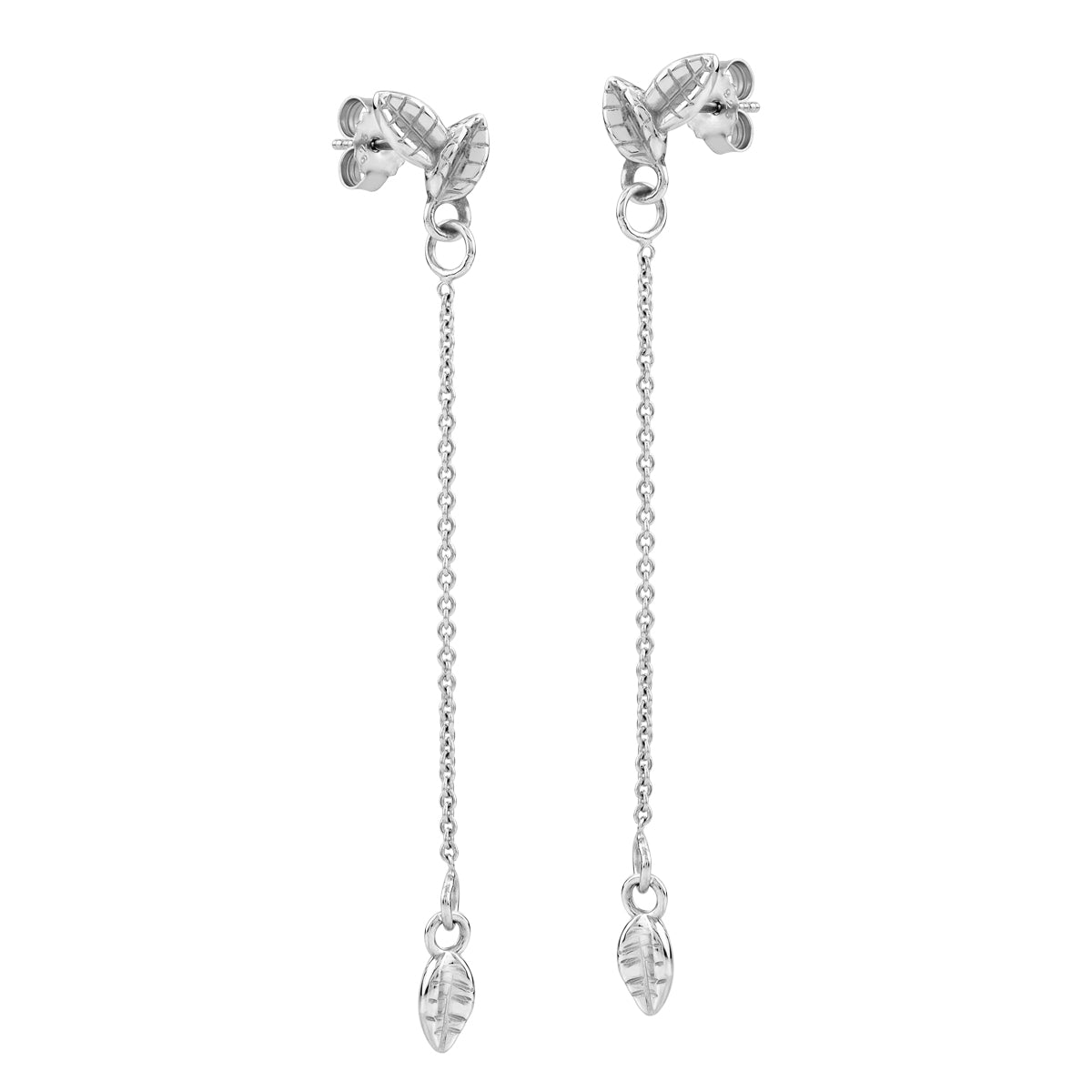 White Gold Plated 925 Sterling Silver Minimalist Chic Leaf Dangle Chain Stud Post Earrings