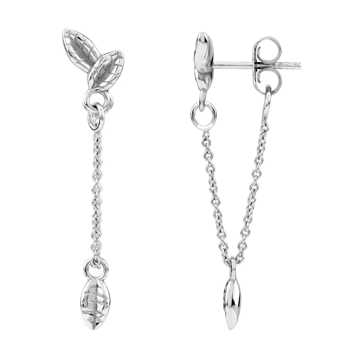 White Gold Plated 925 Sterling Silver Minimalist Chic Leaf Dangle Double Chain Stud Post Earrings