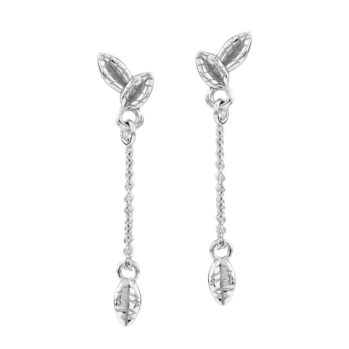 White Gold Plated 925 Sterling Silver Minimalist Chic Leaf Dangle Double Chain Stud Post Earrings