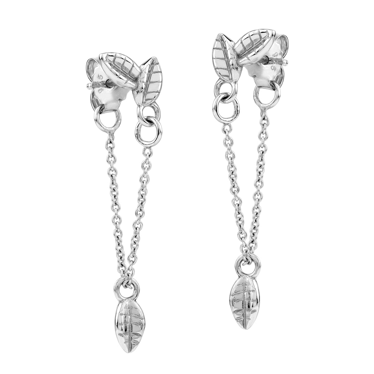 White Gold Plated 925 Sterling Silver Minimalist Chic Leaf Dangle Double Chain Stud Post Earrings