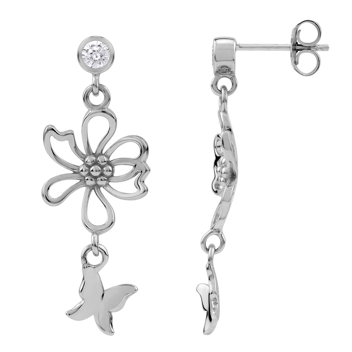 White Cubic Zirconia 925 Sterling Silver Fashion Flower and Butterfly Dangle Stud Post Earrings silvershake