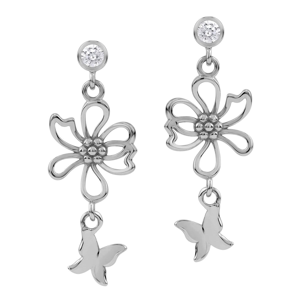 White Cubic Zirconia 925 Sterling Silver Fashion Flower and Butterfly Dangle Stud Post Earrings silvershake