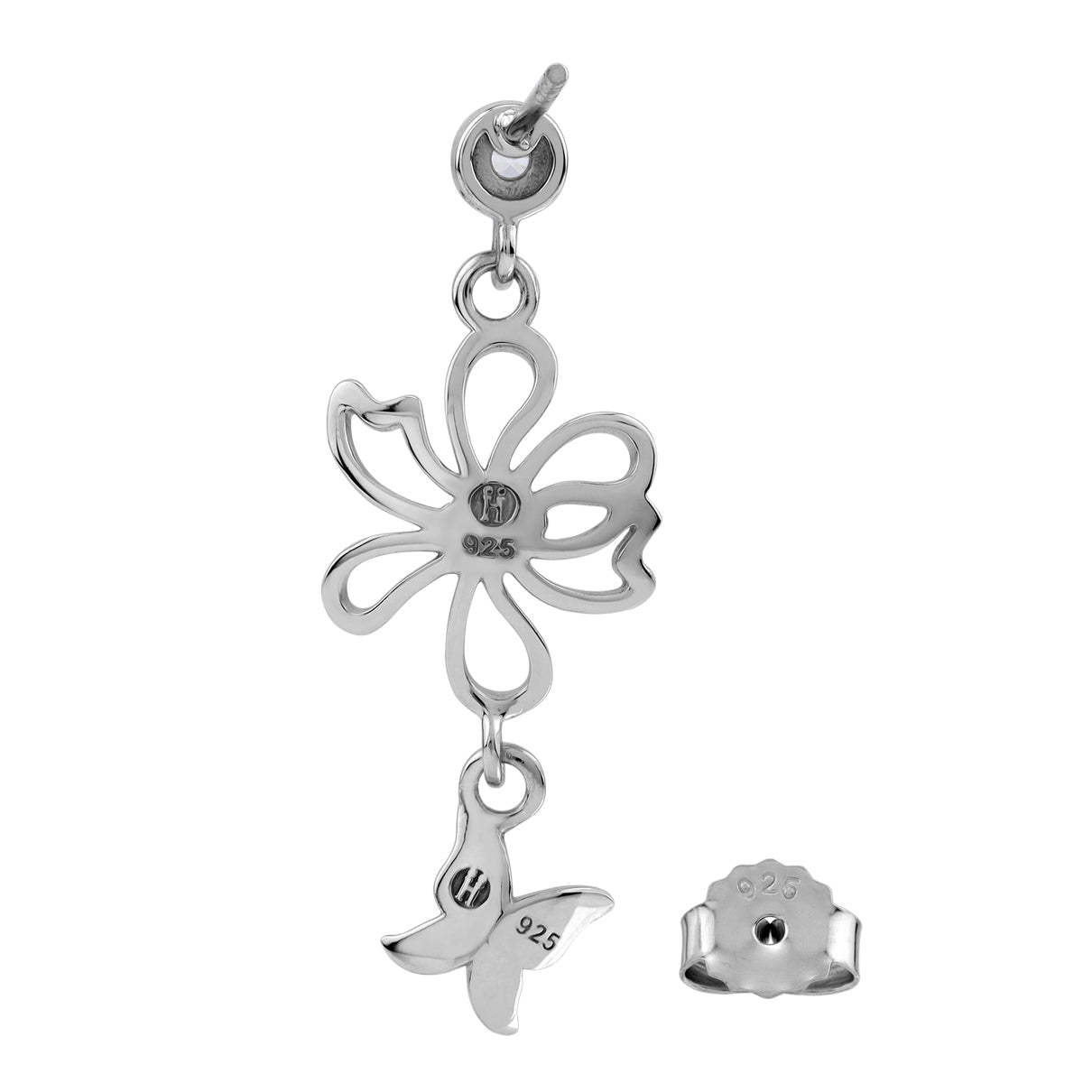 White Cubic Zirconia 925 Sterling Silver Fashion Flower and Butterfly Dangle Stud Post Earrings silvershake
