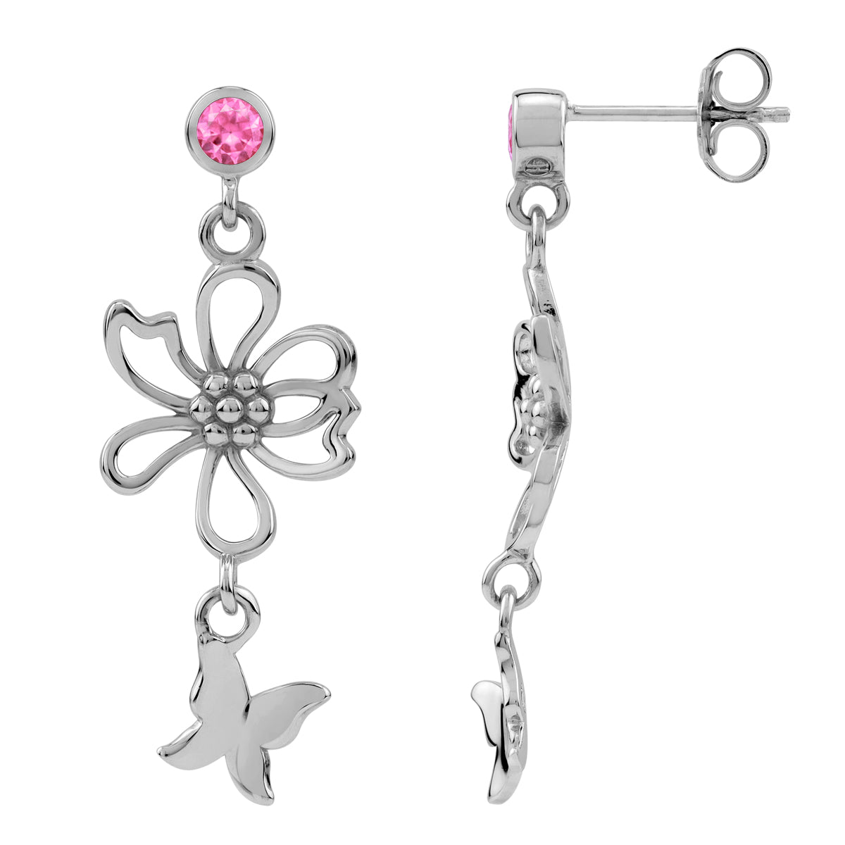Created Pink Tourmaline 925 Sterling Silver Fashion Flower and Butterfly Dangle Stud Post Earrings silvershake