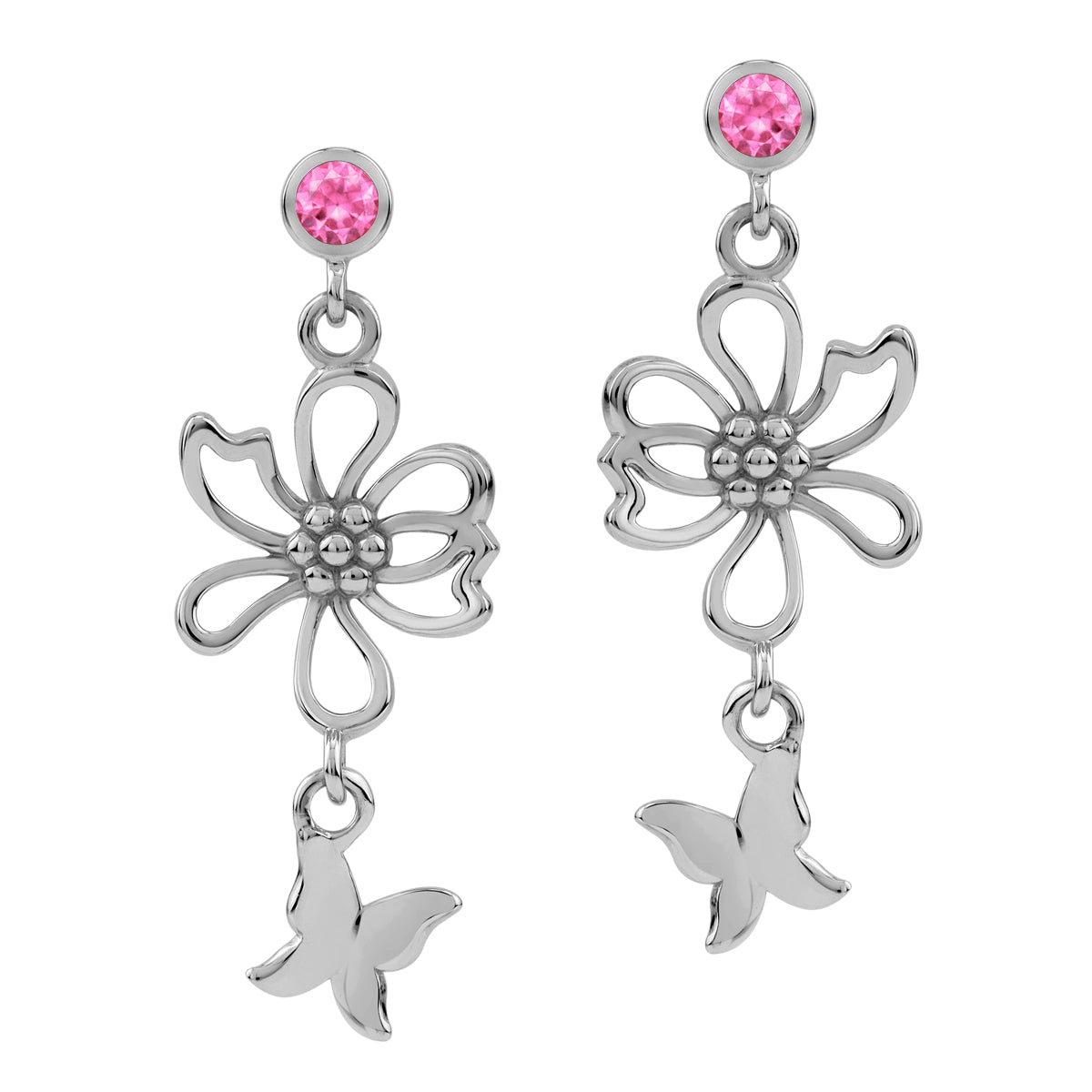 Created Pink Tourmaline 925 Sterling Silver Fashion Flower and Butterfly Dangle Stud Post Earrings silvershake