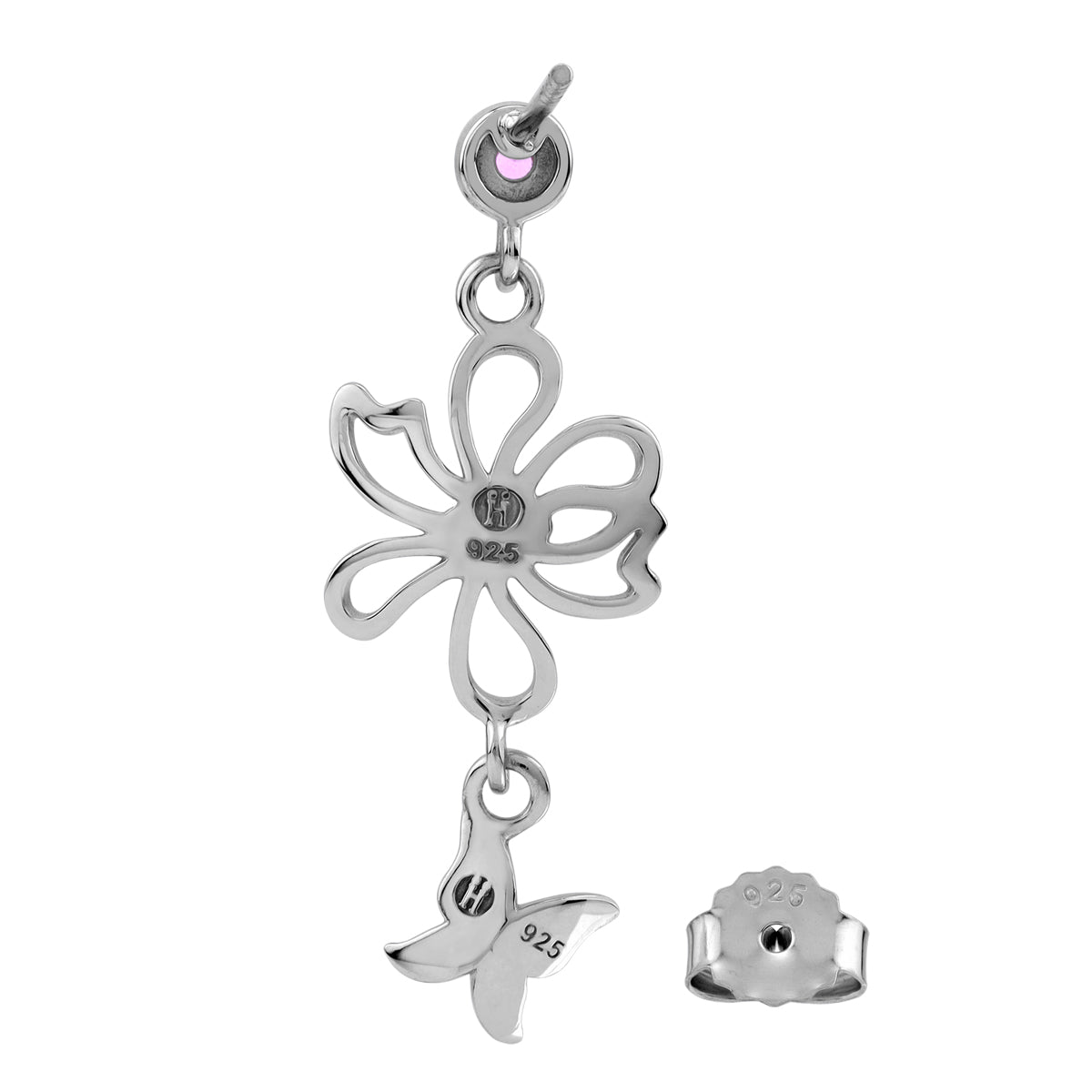Created Pink Tourmaline 925 Sterling Silver Fashion Flower and Butterfly Dangle Stud Post Earrings silvershake