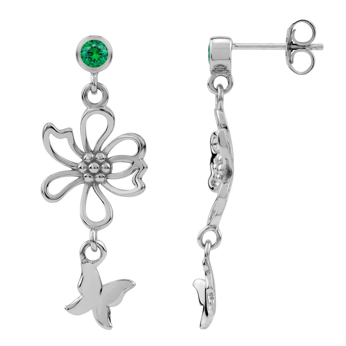 Nano Green Emerald 925 Sterling Silver Fashion Flower and Butterfly Dangle Stud Post Earrings silvershake