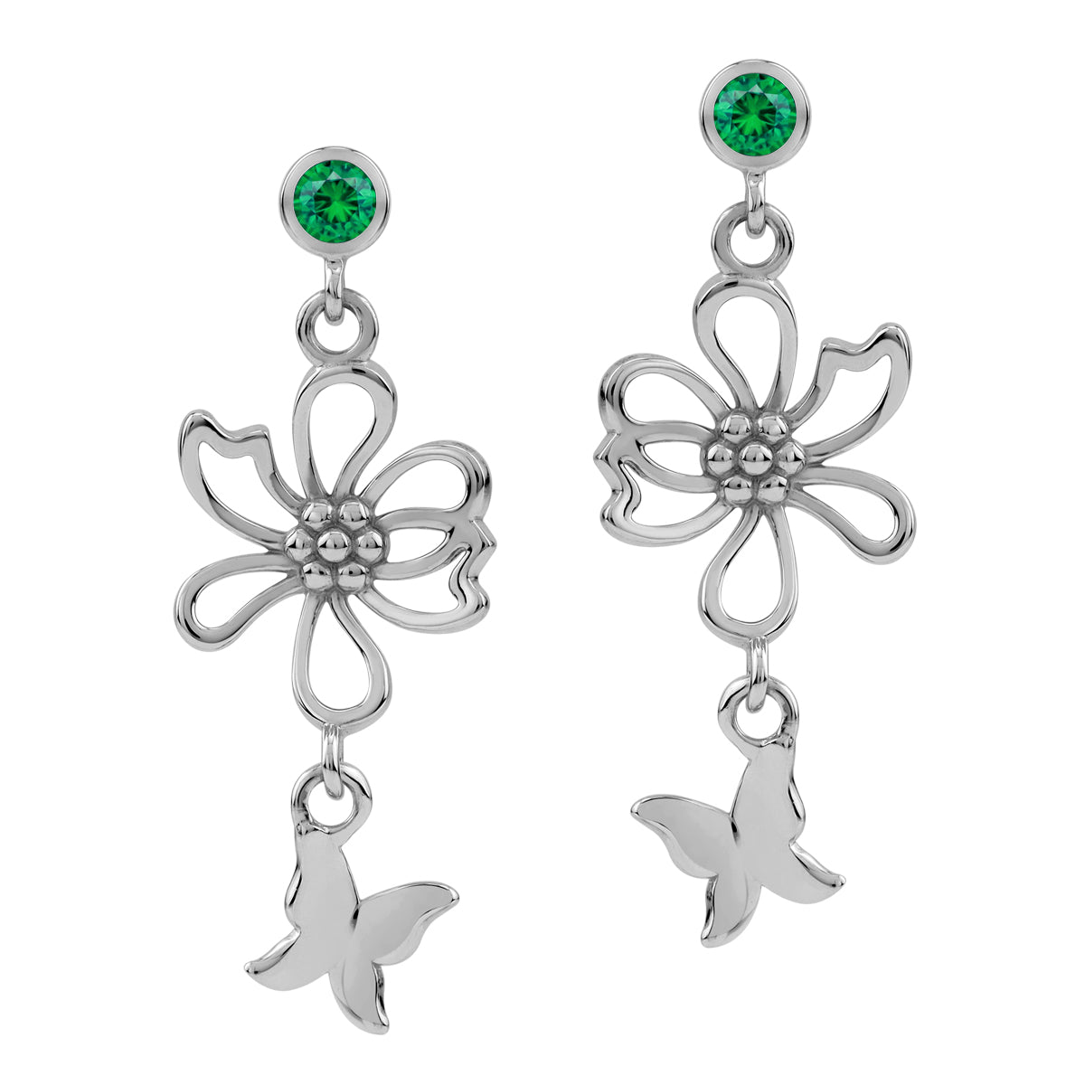 Nano Green Emerald 925 Sterling Silver Fashion Flower and Butterfly Dangle Stud Post Earrings silvershake