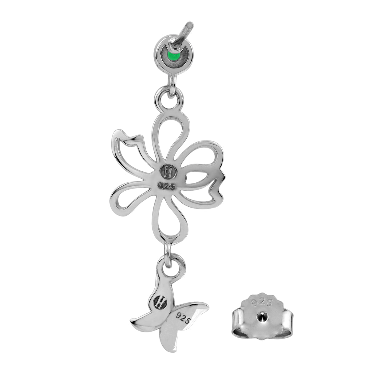 Nano Green Emerald 925 Sterling Silver Fashion Flower and Butterfly Dangle Stud Post Earrings silvershake
