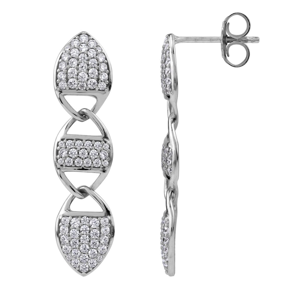 White Cubic Zirconia 925 Sterling Silver Fashion Retro 3-Link Drop Dangle Stud Post Earrings silvershake