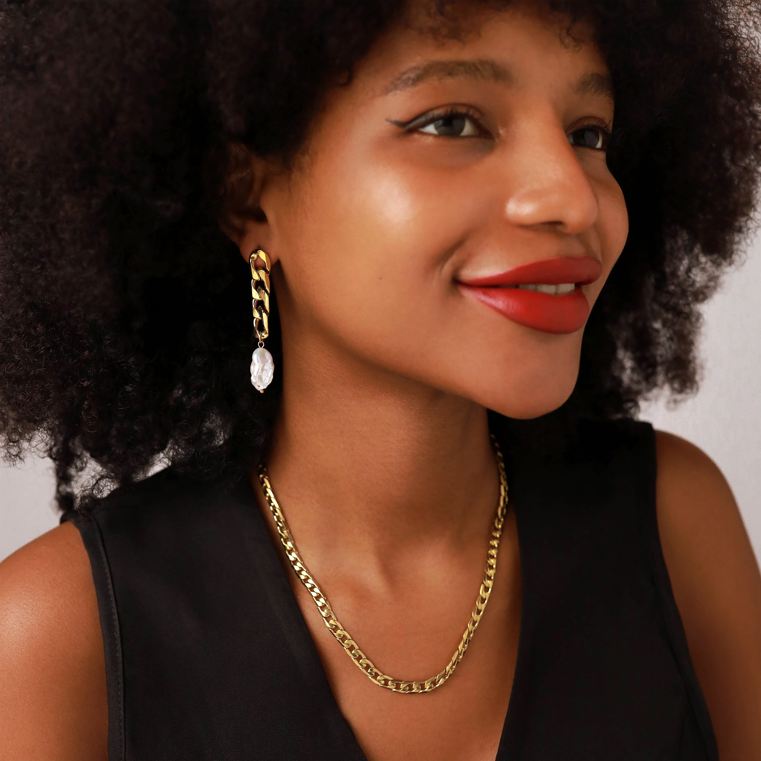 SueBue Baroque Shape Cultured Freshwater White Pearl 14K Yellow Gold Plated Stainless Steel Cuban Link Chain Dangle Stud Post Earrings Jewelry for Women