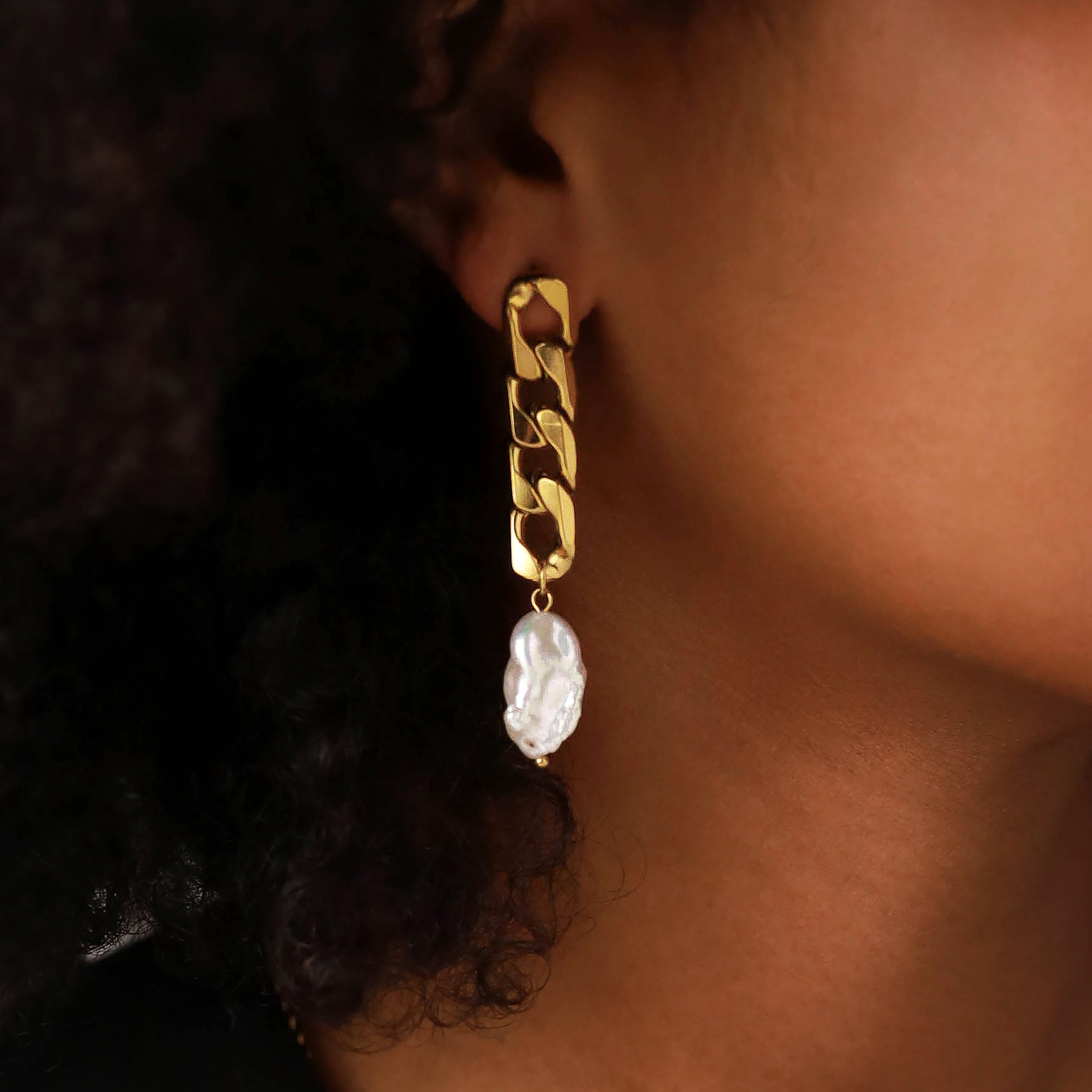 SueBue Baroque Shape Cultured Freshwater White Pearl 14K Yellow Gold Plated Stainless Steel Cuban Link Chain Dangle Stud Post Earrings Jewelry for Women