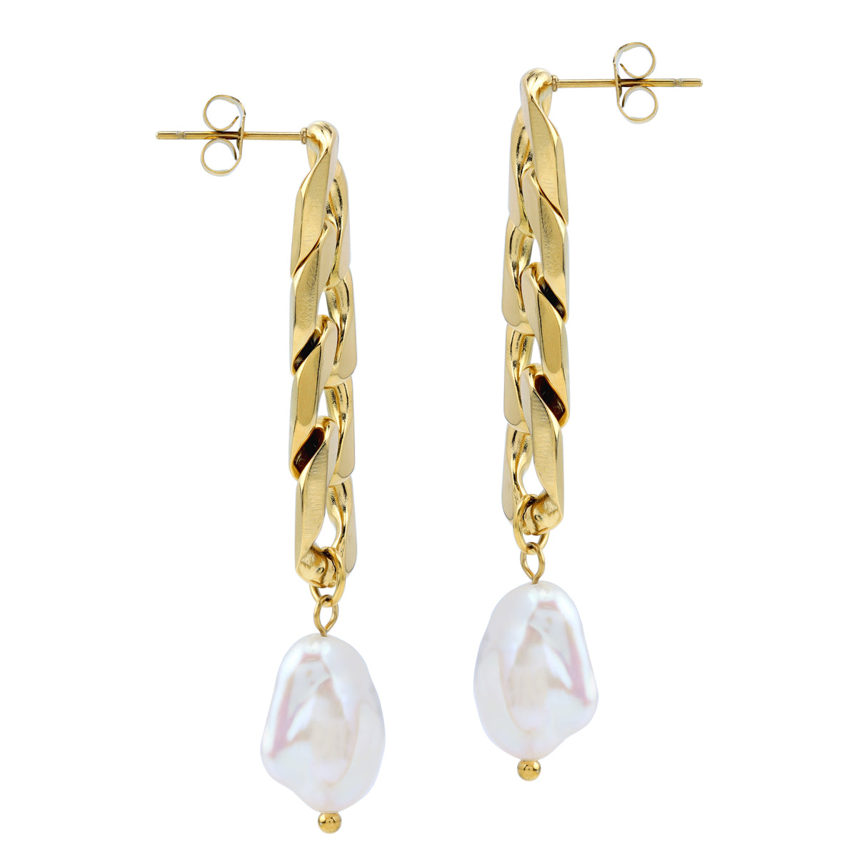 SueBue Baroque Shape Cultured Freshwater White Pearl 14K Yellow Gold Plated Stainless Steel Cuban Link Chain Dangle Stud Post Earrings Jewelry for Women