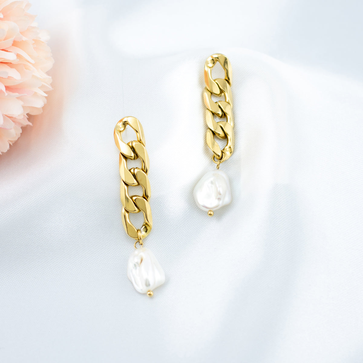 SueBue Baroque Shape Cultured Freshwater White Pearl 14K Yellow Gold Plated Stainless Steel Cuban Link Chain Dangle Stud Post Earrings Jewelry for Women