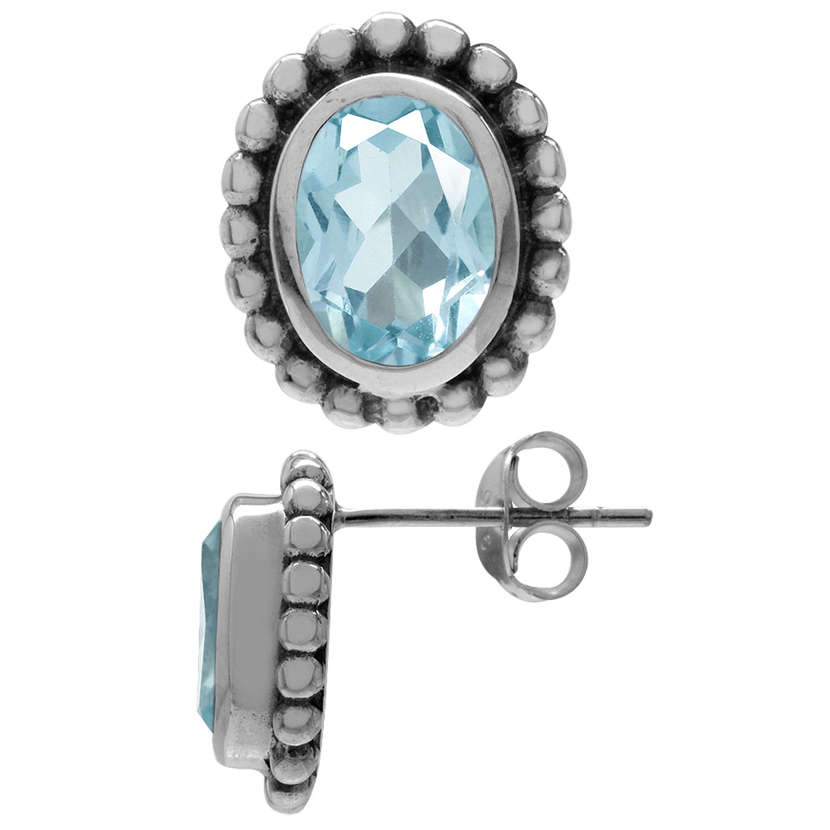 2.86ct. 8X6mm Genuine Oval Shape Blue Topaz 925 Sterling Silver Balinese Style Post Earrings