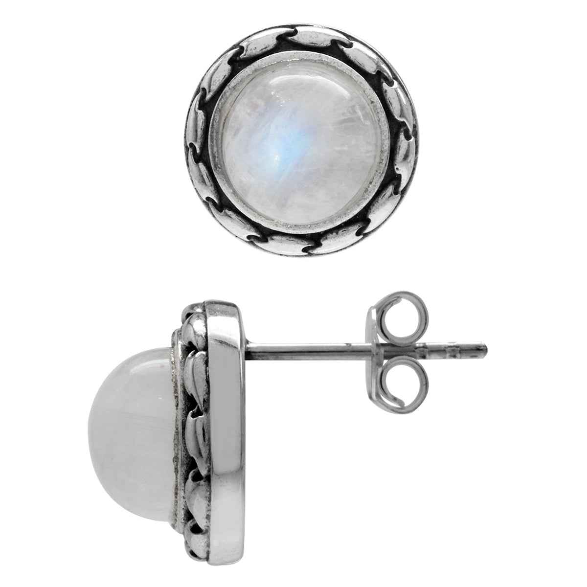 8MM Natural Round Shape Moonstone 925 Sterling Silver Stud/Post Earrings