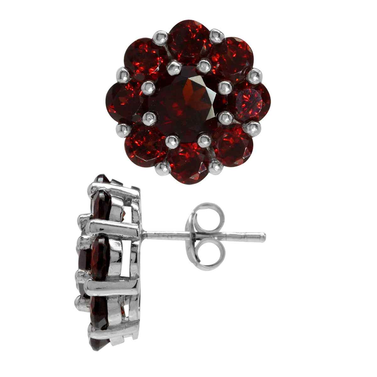 8.64ct. Natural Garnet White Gold Plated 925 Sterling Silver Flower Cluster Post Earrings