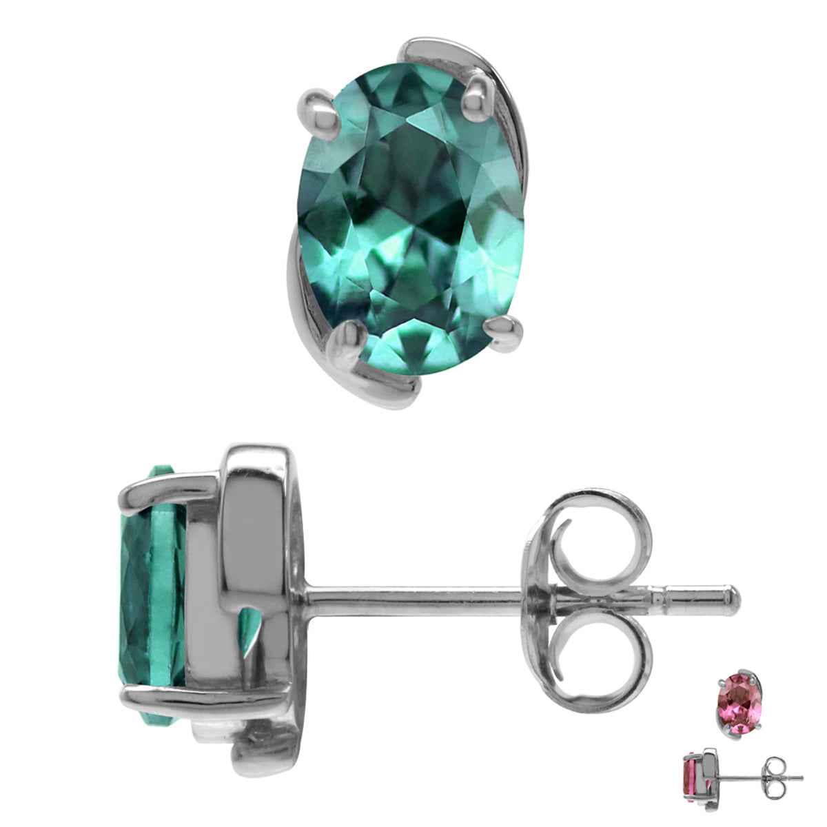 7X5mm Created Oval Shape Color Change Alexandrite White Gold Plated 925 Sterling Silver Stud Earrings