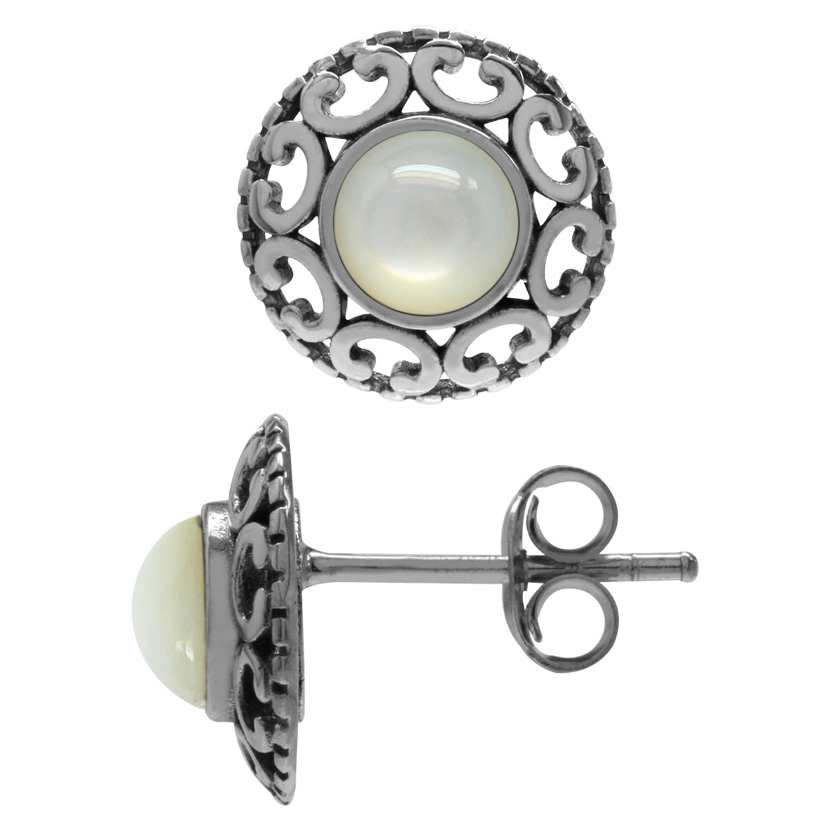 White Mother of Pearl 925 Sterling Silver Filigree Stud Post Earrings