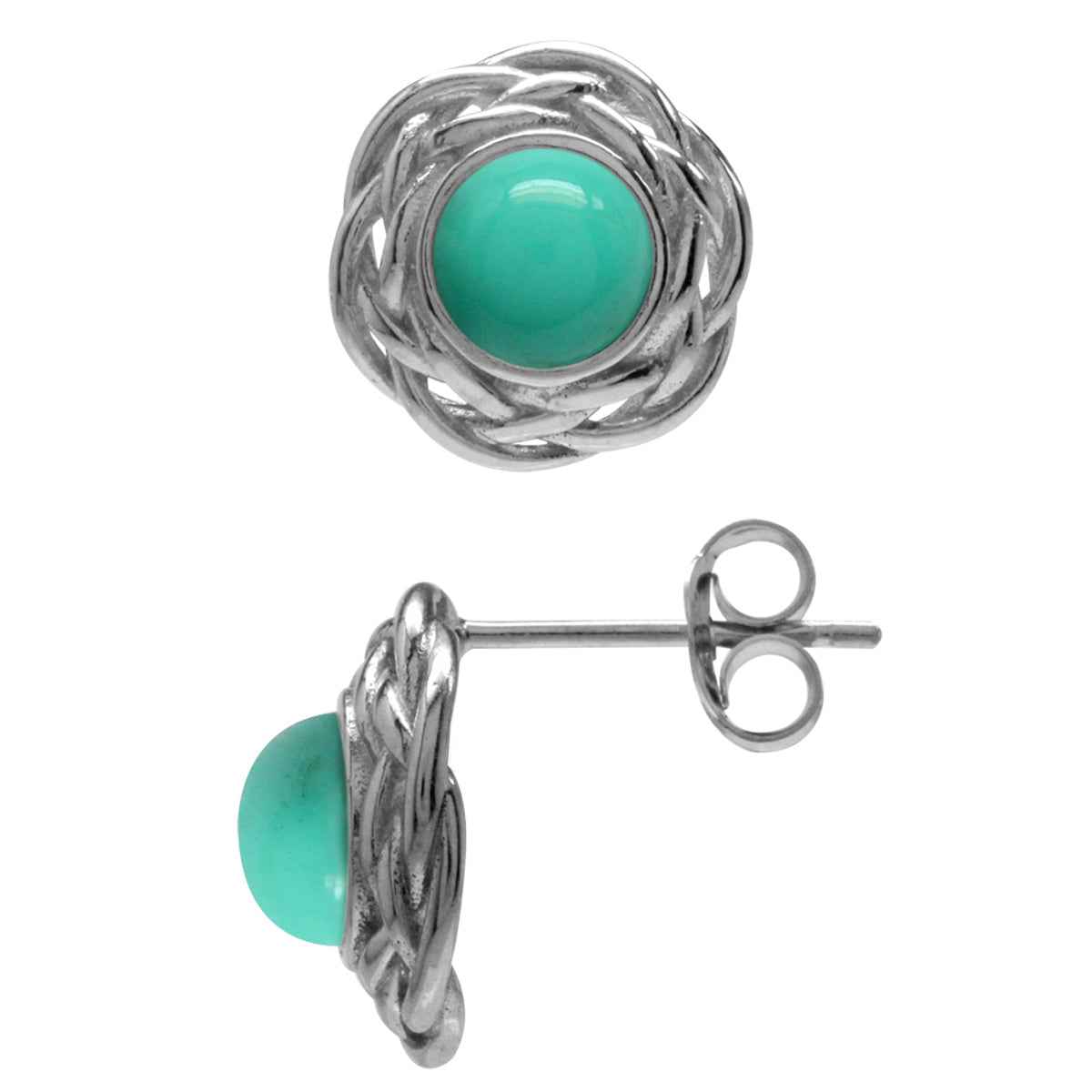 Created Green Turquoise White Gold Plated 925 Sterling Silver Celtic Weave Knot Stud/Post Earrings