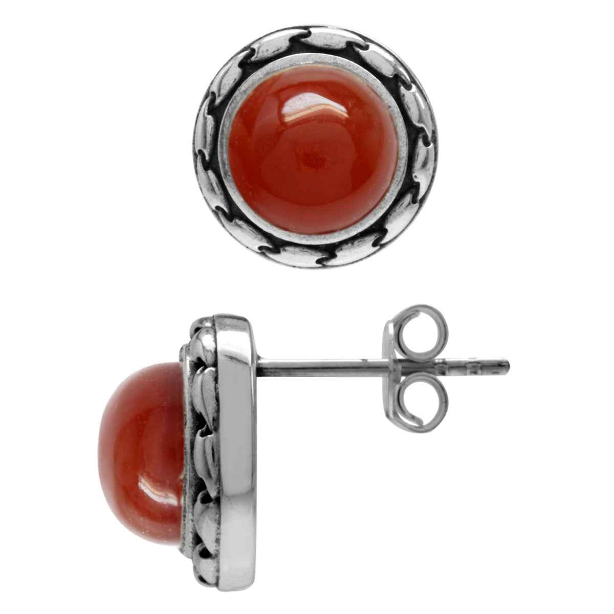 8MM Natural Round Shape Carnelian 925 Sterling Silver Stud/Post Earrings