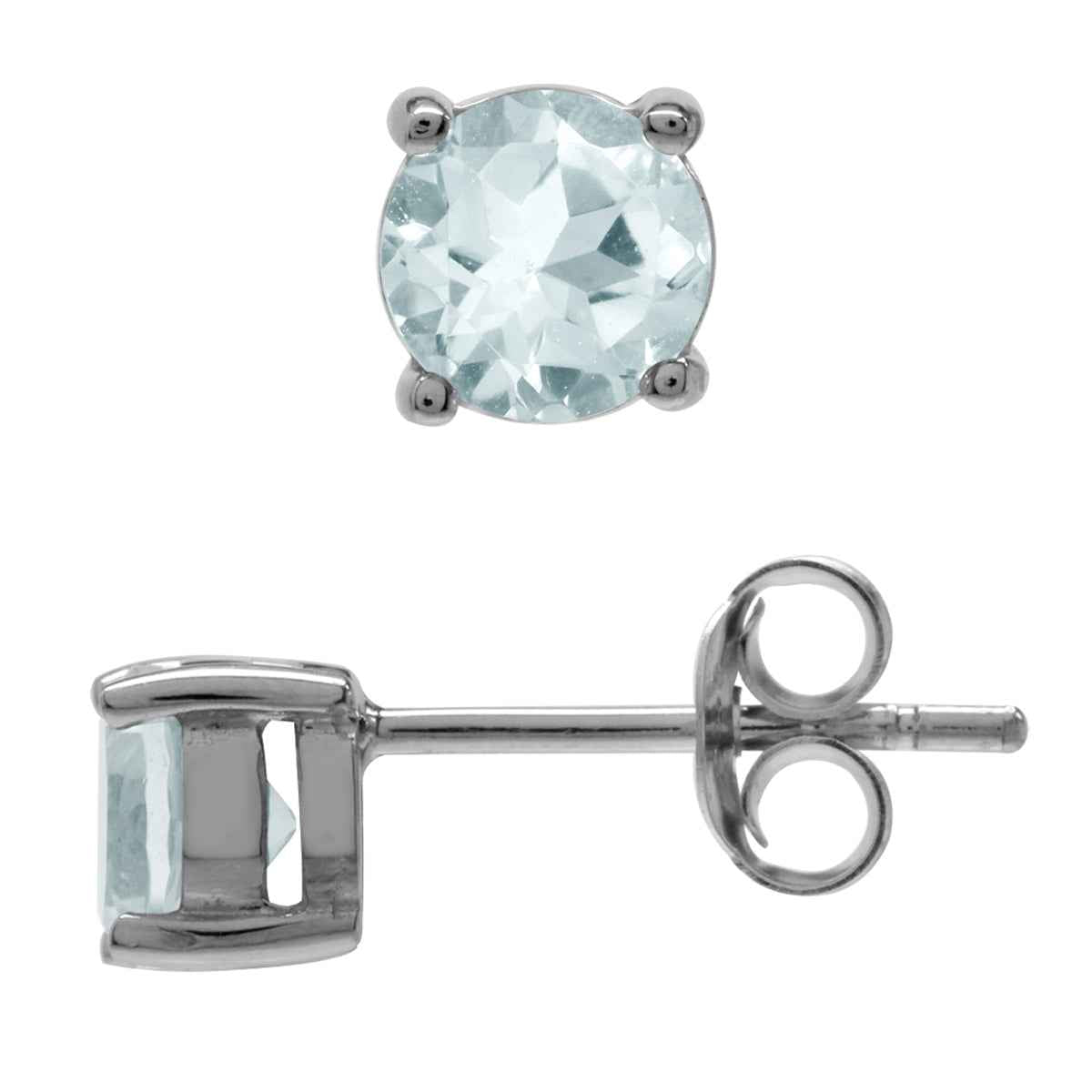 5MM Petite Genuine Round Shape Blue Aquamarine White Gold Plated 925 Sterling Silver Stud Earrings