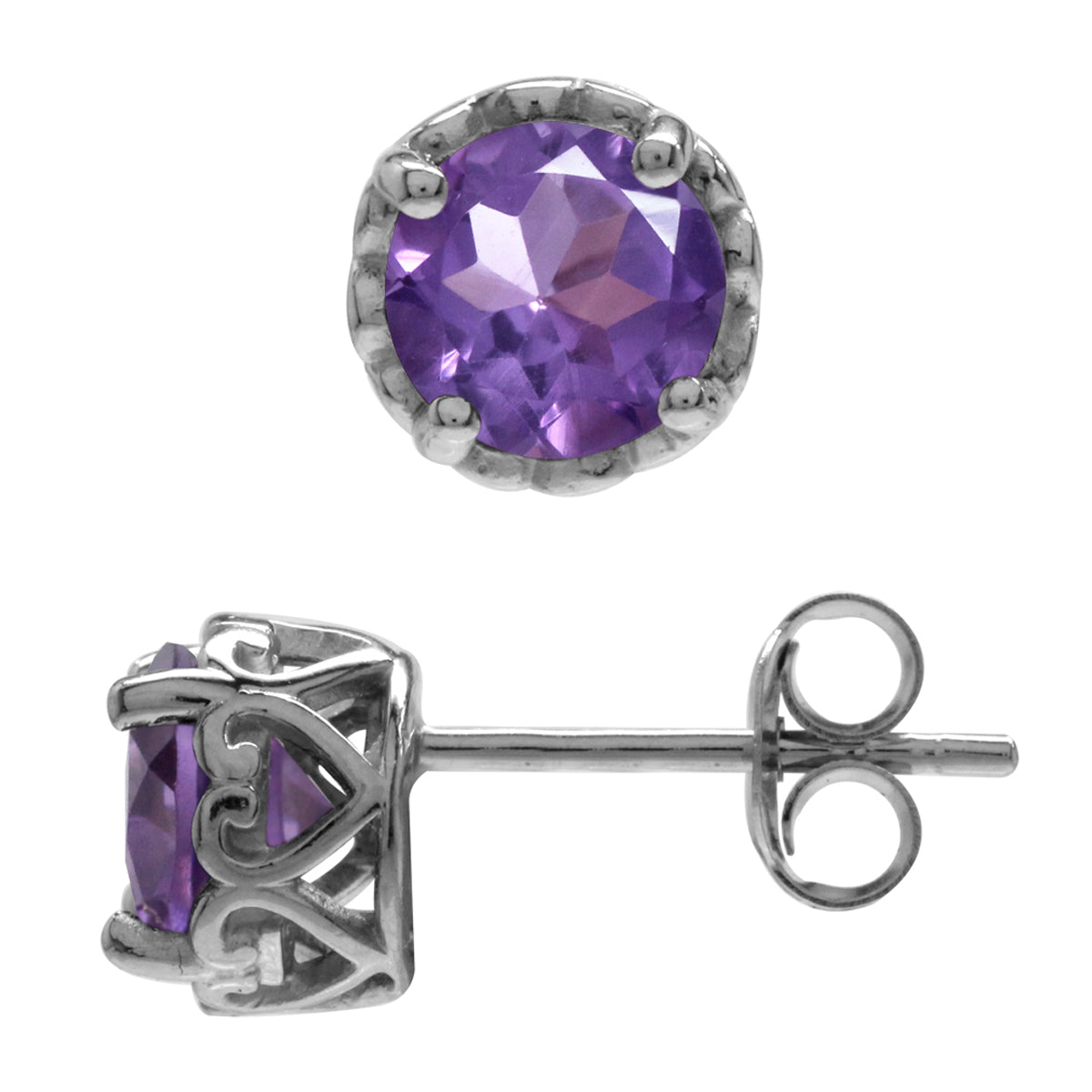 6mm Round Natural Amethyst White Gold Plated 925 Sterling Silver Victorian Style Stud Post Earrings - Silvershake-store