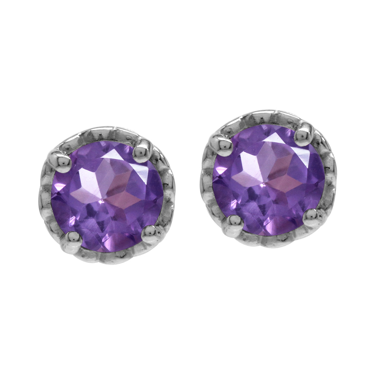 6mm Round Natural Amethyst White Gold Plated 925 Sterling Silver Victorian Style Stud Post Earrings - Silvershake-store