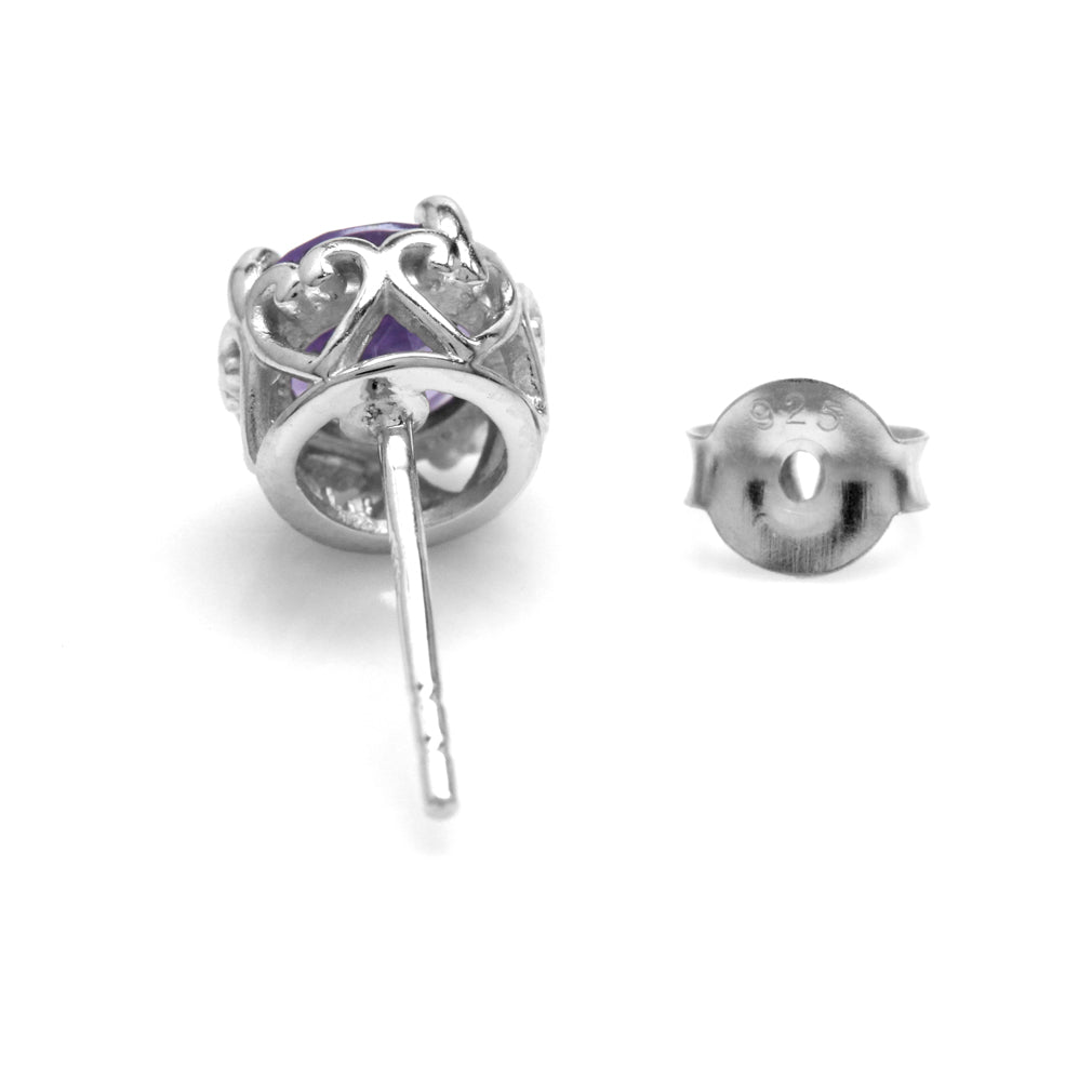 6mm Round Natural Amethyst White Gold Plated 925 Sterling Silver Victorian Style Stud Post Earrings - Silvershake-store